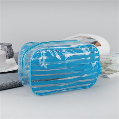 Косметичка ПВХ, отдел на молнии, с ручкой, цвет голубой - фото 2061321