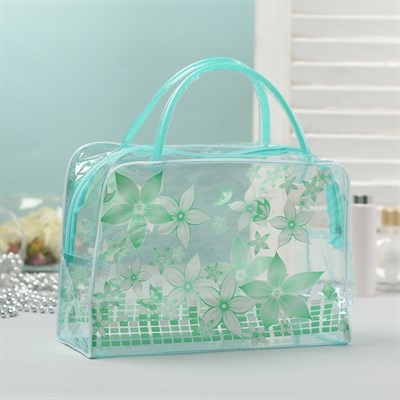 Косметичка ПВХ, отдел на молнии, 2 ручки, цвет зелёный - фото 2061874