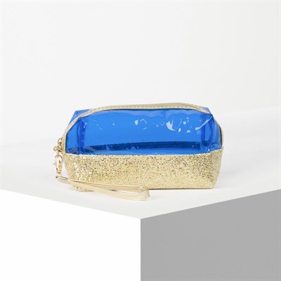 Косметичка ПВХ, отдел на молнии, с ручкой, цвет золото/синий - фото 2062409
