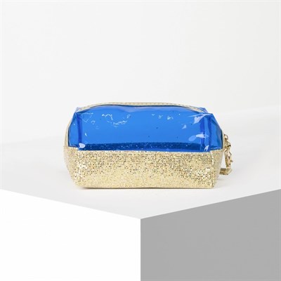 Косметичка ПВХ, отдел на молнии, с ручкой, цвет золото/синий - фото 2062410
