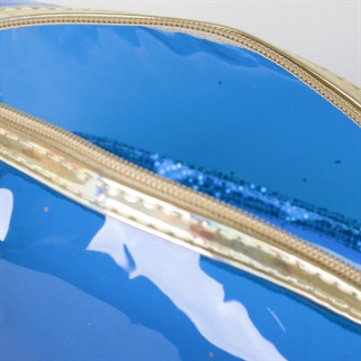 Косметичка ПВХ, отдел на молнии, с ручкой, цвет золото/синий - фото 2062411