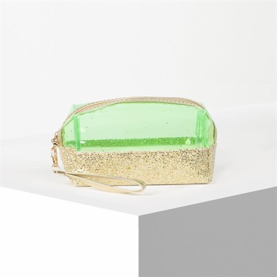 Косметичка ПВХ, отдел на молнии, с ручкой, цвет золото/зелёный - фото 2062413