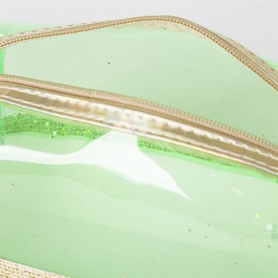 Косметичка ПВХ, отдел на молнии, с ручкой, цвет золото/зелёный - фото 2062415