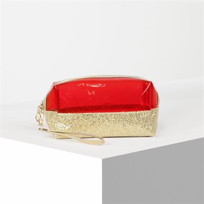 Косметичка ПВХ, отдел на молнии, с ручкой, цвет золото/красный - фото 2062425