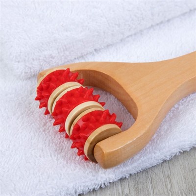 Массажёр «Барабан», 3 ролика с шипами, деревянный, цвет МИКС - фото 2063487