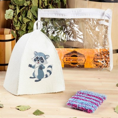 Набор для бани детский "Енот" в косметичке: шапка с принтом, мочалка - фото 2064571