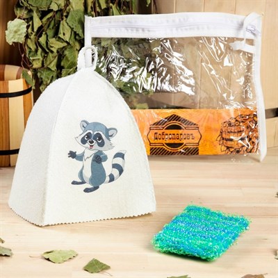 Набор для бани детский "Енот" в косметичке: шапка с принтом, мочалка - фото 2064572