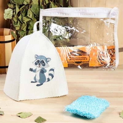 Набор для бани детский "Енот" в косметичке: шапка с принтом, мочалка - фото 2064573