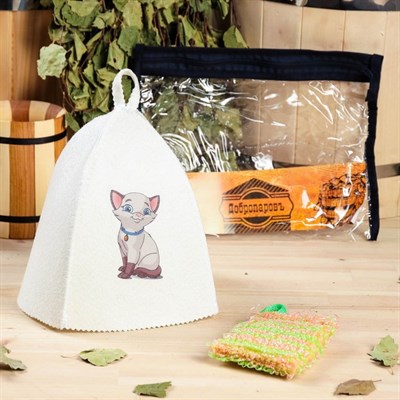 Набор для бани детский "Котёнок" в косметичке: шапка с принтом, мочалка - фото 2064585