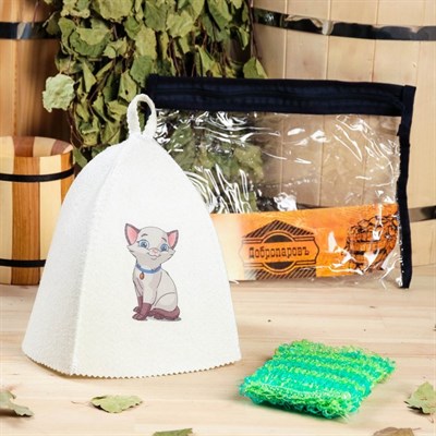 Набор для бани детский "Котёнок" в косметичке: шапка с принтом, мочалка - фото 2064587