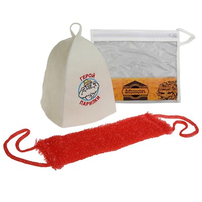 Набор для бани в косметичке "Герой парилки" шапка, мочалка - фото 2064598