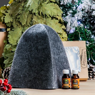 Набор для бани в коробке "Классика" шапка серая, масло апельсина и кедра - фото 2064800