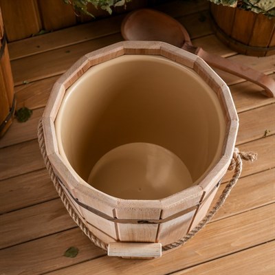 Ведро из липы, 10л,  пластиковая вставка, ручка-веревка - фото 2066556