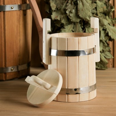 Кадка из липы, 1л, нержавеющий обруч, с крышкой, "Добропаровъ" - фото 2066640