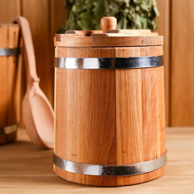 Кадка дубовая, 5л, нержавеющий обруч, с крышкой, с гнетом - фото 2066652