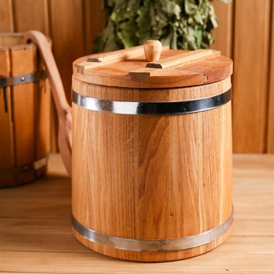 Кадка дубовая, 10л, нержавеющий обруч, с крышкой, с гнетом - фото 2066654