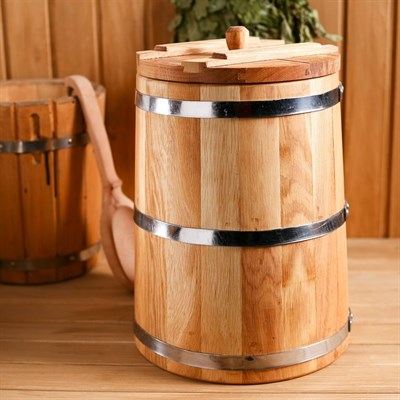 Кадка дубовая, 15л, нержавеющий обруч, с крышкой, с гнетом - фото 2066656