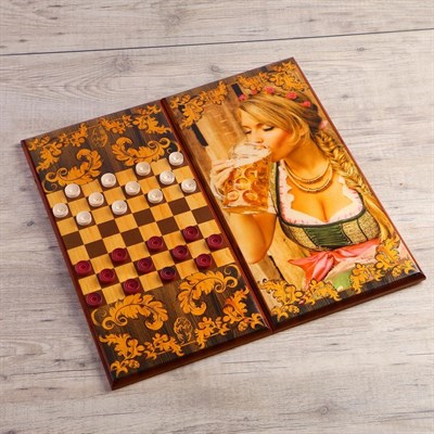 Нарды "Я люблю пиво", деревянная доска 60х60 см, с полем для игры в шашки - фото 2072912