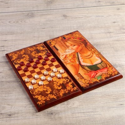 Нарды "Я люблю пиво", деревянная доска 40х40 см, с полем для игры в шашки - фото 2072924