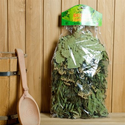 Веник для бани "Венок здоровья" из кавказского дуба с травами, в индивидуальной упаковке - фото 2074670