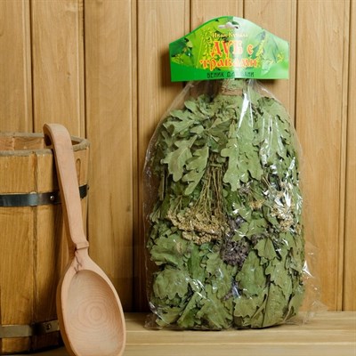 Веник для бани ЭКСТРА из кавказского дуба с букетом трав, в индивидуальной упаковке - фото 2074747