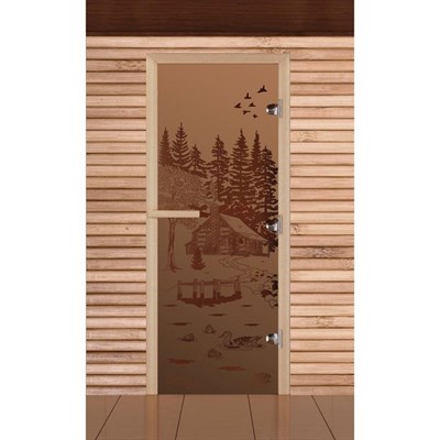 Дверь для бани и сауны "Банька в лесу", бронза, матовая, 8мм, УФ-печать, 190х70см - фото 2079618