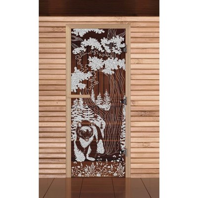 Дверь для бани и сауны "Мишка в лесу", бронза, 8мм, УФ-печать, 190х70см - фото 2079623