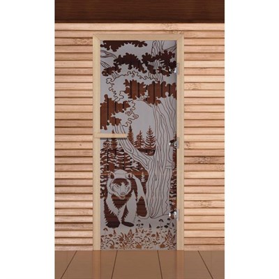 Дверь для бани и сауны "Мишка в лесу", сатин, 8мм, УФ-печать, 190х70см - фото 2079624