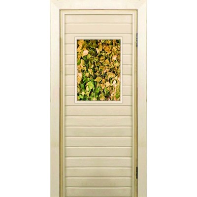 Дверь для бани со стеклом (40*60), "Веники для бани", 170×70см, коробка из осины - фото 2079956