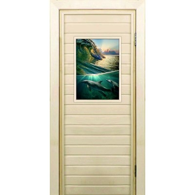 Дверь для бани со стеклом (40*60), "Дельфины", 170×70см, коробка из осины - фото 2079995
