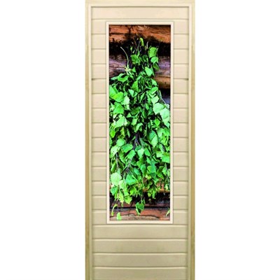 Дверь для бани со стеклом (43*129), "Веник для бани", 170×70см, коробка из осины - фото 2080137