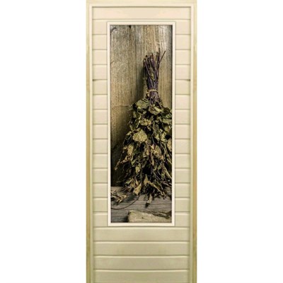 Дверь для бани со стеклом (43*129), "Веник в бане-2", 170×70см, коробка из осины - фото 2080284