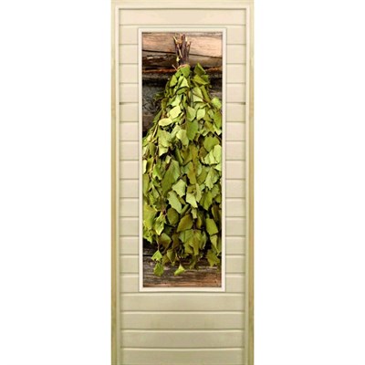 Дверь для бани со стеклом (43*129), "Веник в бане-1", 170×70см, коробка из осины - фото 2080287