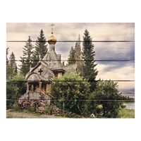 Картина для бани, тематика храмы "Церквушка в лесу", МАССИВ, 40×30 см