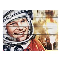 Картина для бани, тематика люди "Юрий Гагарин", МАССИВ, 40×30 см