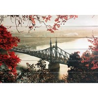 Картина для бани "Взгляд из осеннего леса на городской мост", МАССИВ, 40×60 см