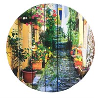 Картина для бани круглая "Цветочные клумбы вдоль переулка", МАССИВ, 40×40 см