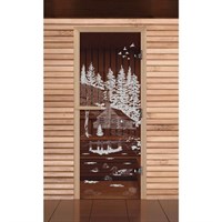 Дверь для бани и сауны "Банька в лесу", бронза, 8мм, УФ-печать, 190х70см