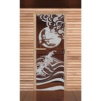 Дверь для бани и сауны "Журавль", бронза, 8мм, УФ-печать, 190х70см