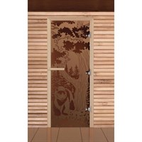 Дверь для бани и сауны стеклянная "Мишка в лесу", 190×70см, 8мм, бронза матовая