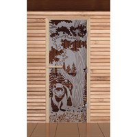 Дверь для бани и сауны "Мишка в лесу", сатин, 8мм, УФ-печать, 190х70см