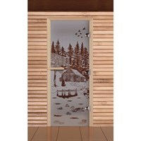Дверь для бани и сауны "Банька в лесу", сатин, 8мм, УФ-печать, 190х70см