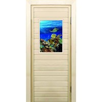 Дверь для бани со стеклом (40*60), "Морской мир", 170×70см, коробка из осины