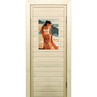 Дверь для бани со стеклом (40*60), "Девушка", 170×70см, коробка из осины