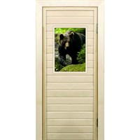 Дверь для бани со стеклом (40*60), &quot;Медведь-1&quot;, 170×70см, коробка из осины