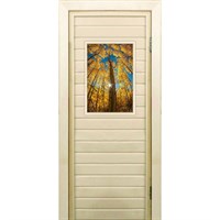 Дверь для бани со стеклом (40*60), "Осенний лес", 170×70см, коробка из осины
