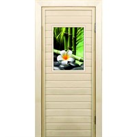 Дверь для бани со стеклом (40*60), "Цветы и бамбук", 170×70см, коробка из осины
