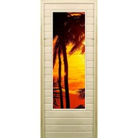 Дверь для бани со стеклом (43*129), &quot;Пальмы-2&quot;, 170×70см, коробка из осины