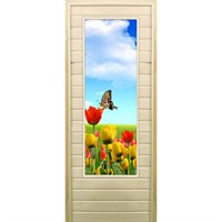 Дверь для бани со стеклом (43*129), "Бабочка", 170×70см, коробка из осины