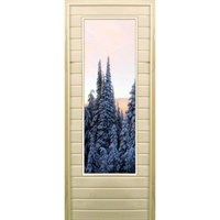 Дверь для бани со стеклом (43*129), "Зимний лес", 170×70см, коробка из осины